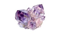 Cluster of translucent amethyst crystals with purple and lavender tones isolated on white background, suitable for mineral, geology, and wellness design projects.
