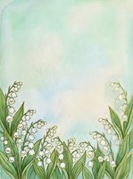 Watercolor lily of the valley border with soft green and blue background, white bell flowers, copy space for greeting cards and spring designs.