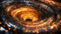 Glowing orange spiral vortex with sparkling particles swirling into dark center creates dramatic cosmic effect, suitable for science and technology backgrounds.