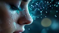 Close up profile of wet female face with water drops and turquoise glowing bokeh lights creating magical atmospheric beauty portrait in dark setting.