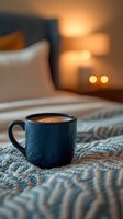 Navy blue coffee mug with fresh hot coffee on cozy bed with textured blanket, warm ambient lighting and soft bokeh creates relaxing morning atmosphere.