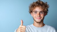 Young Caucasian man with curly blonde hair and friendly smile showing thumbs up gesture against blue background, wearing casual white t-shirt.