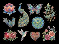 Colorful boho clipart set with peacock, butterfly, mandala, flowers, heart, hummingbird, and pomegranate, isolated on transparent background, ready for stickers and print on demand.