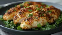 Grilled chicken breasts with golden-brown crust and herbs served on dark plate with fresh microgreens garnish, close up view showing juicy texture.