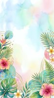 Tropical watercolor floral frame with pastel wash background, palm leaves, hibiscus and plumeria flowers with gold accents, isolated on white for design use.