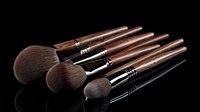 Professional makeup brushes with brown synthetic bristles and wooden handles arranged on black reflective surface, essential tools for cosmetic application.