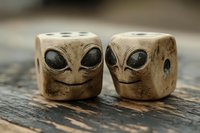 Handcrafted wooden dice with alien face carvings on weathered wood surface. Unique gaming accessories for tabletop games and sci-fi themed entertainment.