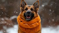 German Shepherd dog wearing orange knitted scarf in winter snowfall with happy expression and open mouth against blurred snowy background.