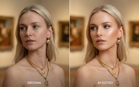 Young woman with blonde hair and fair complexion wearing gold chain necklaces in museum setting, shown in before and after comparison demonstrating skin retouching and beauty enhancement editing.