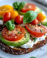 Fresh avocado toast topped with mozzarella, cherry and regular tomatoes, basil leaves, black pepper on multigrain bread, close up view on white plate.