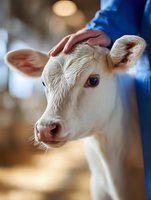 Young white calf receiving gentle pat from farmer in blue shirt, close-up portrait showing soft fur and tender expression, warm barn lighting creates cozy atmosphere.