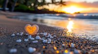 Heart-shaped stone on tropical beach at sunset, surrounded by small white pebbles with golden sunlight reflection on wet sand and ocean waves.