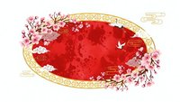 Red oval frame with cherry blossoms and flying birds on white background. Asian spring festival decoration with floral border and traditional ornaments.