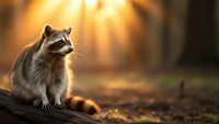 Adorable raccoon sitting on wooden log in warm golden sunlight rays filtering through forest creating magical wildlife scene for nature photography.
