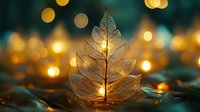 Delicate skeleton leaf with golden bokeh lights creating magical atmosphere on dark background. Nature meets fantasy in atmospheric composition.