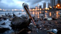 Brown pelican resting on dark beach at twilight with city lights bokeh reflections on water, moody atmospheric nature wildlife photography in blue tones.