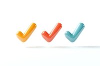 Colorful checkmark symbols in yellow, red and blue floating with soft shadows on white background. Minimal design elements for interface and graphic projects.