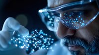 Scientist wearing protective glasses observes glowing molecular structure and chemical compounds in laboratory setting, dramatic blue lighting creates futuristic atmosphere.
