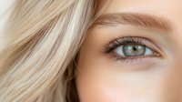 Close up view of blue eye with natural makeup, long eyelashes and blonde hair fragment showing professional beauty treatment and cosmetic application results.