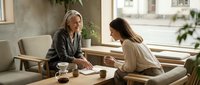 Two women having friendly conversation over coffee in cozy cafe setting with natural lighting and warm atmosphere for lifestyle and social connection concepts.