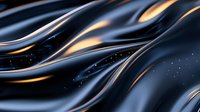 Flowing dark waves with golden light reflections create dynamic abstract background pattern. Smooth glossy surface with sparkles adds luxury feel.