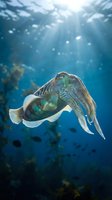 Cuttlefish swimming gracefully in deep blue ocean water with sunlight rays filtering through surface creating magical underwater atmosphere for marine life content.