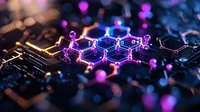 Glowing molecular structure with hexagonal shapes on dark background illuminated by neon pink and blue lights creating futuristic scientific visualization.