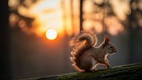 Red squirrel sitting on wooden fence during golden hour sunset with warm bokeh background for nature and wildlife photography projects.