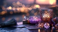 Cozy evening meditation setup with burning candles, crystals, tarot cards and sage bundle creating peaceful spiritual atmosphere with warm bokeh lights.