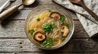 Asian noodle soup with shiitake mushrooms and fresh herbs in clear glass bowl on rustic wooden table for healthy comfort food recipes.