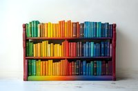 Colorful rainbow bookshelf with multicolored books arranged in spectrum order from red to purple on wooden shelves against white wall, creating vibrant display.