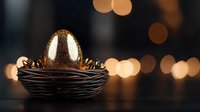 Golden Easter egg in dark woven nest against blurred warm bokeh lights background, festive holiday composition with elegant minimalist style.