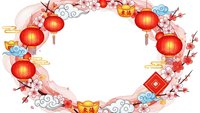 Festive oval frame with red lanterns, cherry blossoms, gold ingots and traditional ornaments on white background for holiday celebrations and greeting cards.