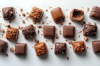 Assorted luxury chocolate bonbons and pralines with sea salt and cocoa crumbs scattered on light background, top view food photography.