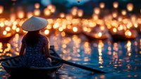Asian woman in traditional conical hat sitting in wooden boat surrounded by glowing lantern festival lights reflecting on water surface at dusk, creating magical atmosphere.