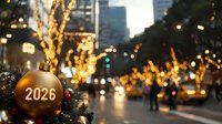 Golden Christmas ball with 2026 number against blurred city street with illuminated trees, festive bokeh lights and evening traffic creates magical holiday atmosphere.