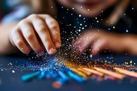 Magical sparkles and glitter scattered by hand on dark background with vibrant blue and golden particles creating dreamy atmosphere for festive designs.