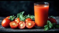 Fresh tomato juice in glass with ripe red tomatoes and green basil leaves on rustic wooden table for healthy nutrition and organic vegetable drinks.