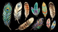 Feather collection featuring peacock, ornamental, and decorative plumes in vibrant colors and natural tones, isolated on transparent background. Ready for t-shirt design, clipart, stickers, sublimation, and print-on-demand projects.
