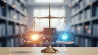 Golden scales of justice with glowing digital particles on wooden desk in modern office setting for legal technology concepts.