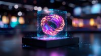Glowing spiral hologram in glass cube displays vibrant pink and purple light trails against dark background with bokeh effects, futuristic technology concept.