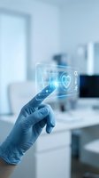 Medical professional hand in glove touching futuristic holographic health interface with heart rate monitor in modern hospital laboratory setting.
