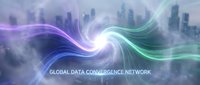 Global data convergence network with flowing energy streams and city skyline. Digital transformation concept for business presentations and technology marketing.