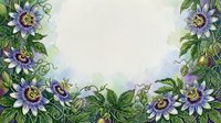 Passion flowers with purple petals and golden centers frame a soft watercolor background, creating an elegant botanical border design for invitations, cards, and decorative projects.