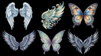 Pair of angel wings with feathered details, ornate decorative wings with swirling patterns, colorful butterfly wings, and dark mystical wings isolated on transparent background. Ready for t-shirt design, clipart, stickers, sublimation, and print-on-demand projects.