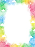 Colorful watercolor frame with clouds, stars and doodles on white background for creative projects, invitations and greeting cards.