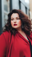 Confident plus size woman with wavy brown hair wearing red blazer and bold lipstick poses outdoors. Professional fashion portrait with soft bokeh background.