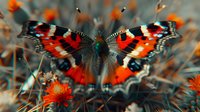 Vibrant red admiral butterfly with distinctive black and orange wing pattern resting on wildflowers in a meadow, showcasing detailed wing texture in natural habitat.