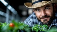Bearded Caucasian male farmer in straw hat and plaid shirt smiling while inspecting fresh organic lettuce growing in greenhouse. Agricultural business concept.
