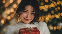 Young Asian woman in white sweater holding Christmas gift with festive bokeh lights in background, creating warm holiday atmosphere.